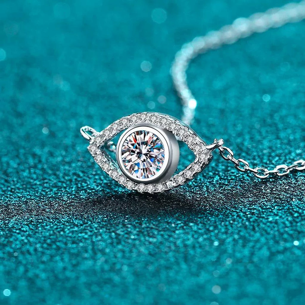 All-Seeing Eye Moissanite Pendant Necklace with CZ in Rhodium-Plated S925 sterling silver product scene view showing angled sparkle
