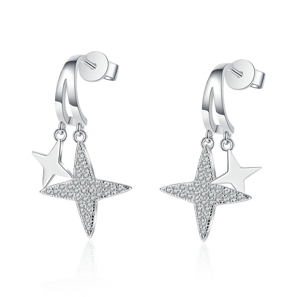 Star Moissanite Stud Dangle Earrings in Rhodium-Plated S925 sterling silver white background product photo showing the pair, stone shape, and stud dangle earrings silhouette