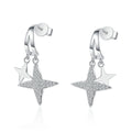 Star Moissanite Stud Dangle Earrings in Rhodium-Plated S925 sterling silver white background product photo showing the pair, stone shape, and stud dangle earrings silhouette