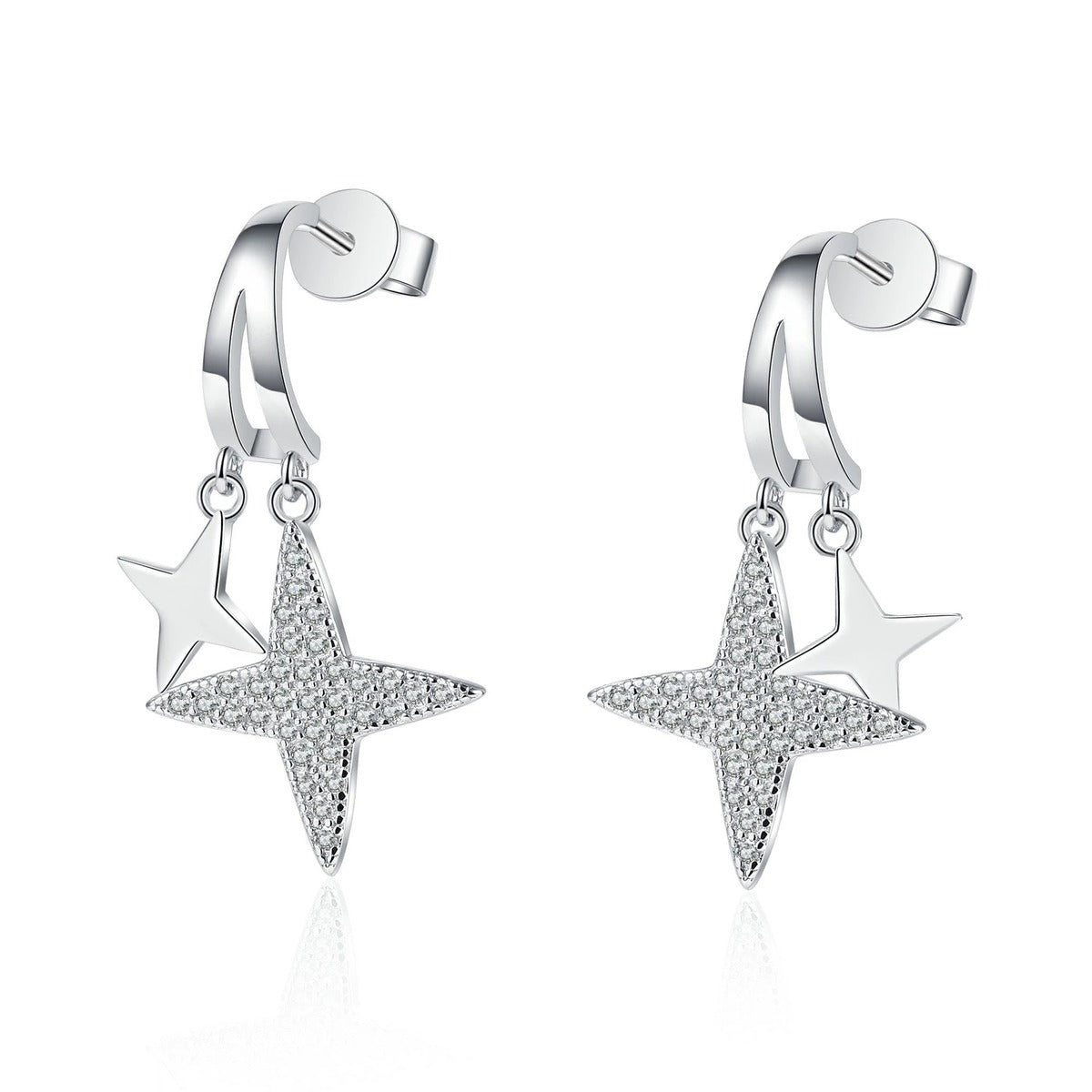 Star Moissanite Stud Dangle Earrings in Rhodium-Plated S925 sterling silver white background product photo showing the pair, stone shape, and stud dangle earrings silhouette