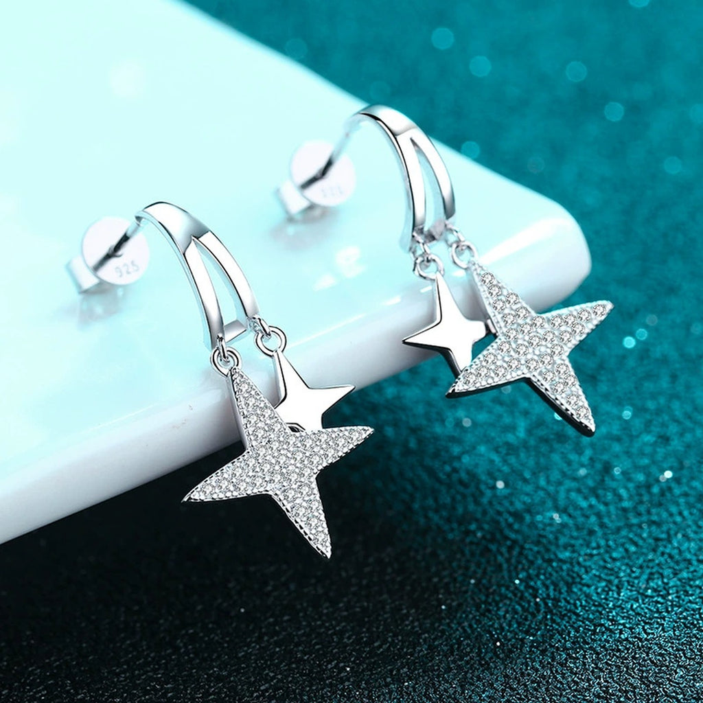 Star Moissanite Stud Dangle Earrings in Rhodium-Plated S925 sterling silver product scene view showing angled setting detail