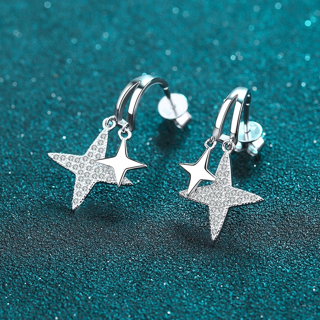Star Moissanite Stud Dangle Earrings in Rhodium-Plated S925 sterling silver product scene view showing side profile
