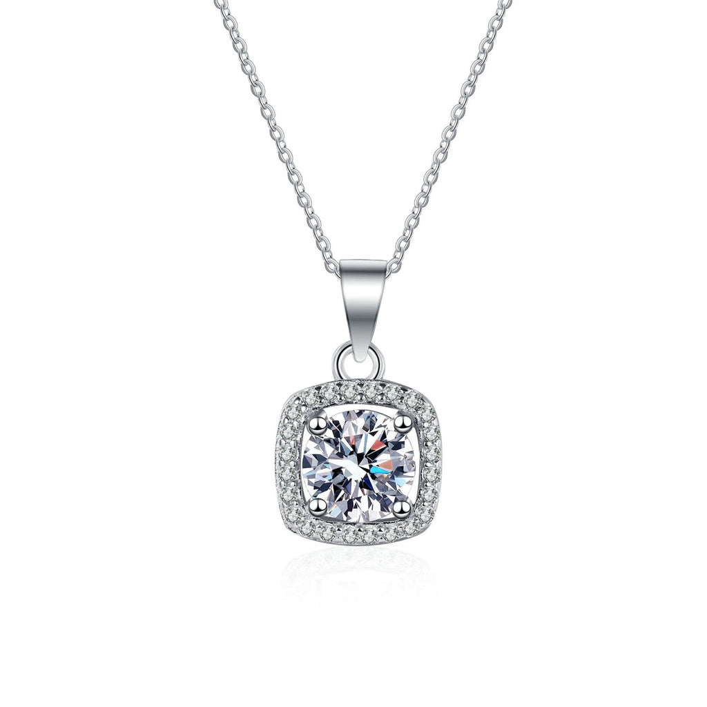 Sugar Cube Moissanite Pendant Necklace with CZ in Rhodium-Plated S925 sterling silver on white background showing pendant shape and round moissanite