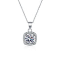 Sugar Cube Moissanite Pendant Necklace with CZ in Rhodium-Plated S925 sterling silver on white background showing pendant shape and round moissanite