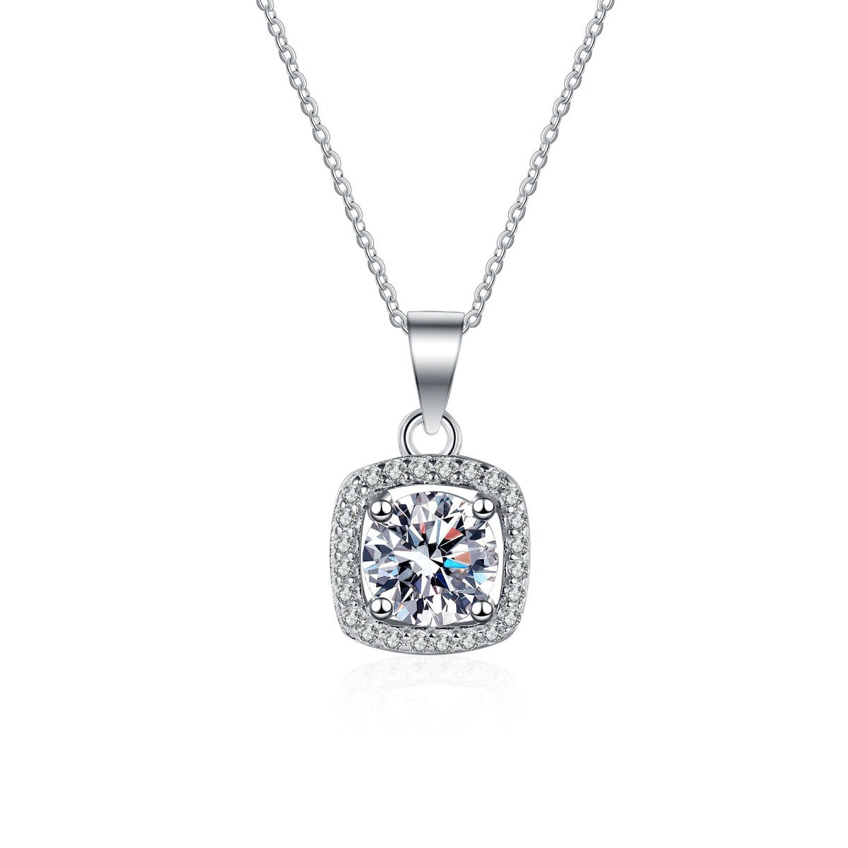 Sugar Cube Moissanite Pendant Necklace with CZ in Rhodium-Plated S925 sterling silver on white background showing pendant shape and round moissanite