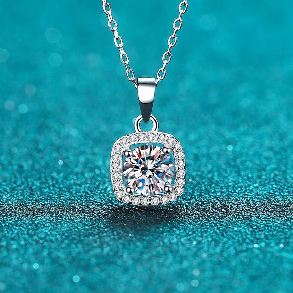 Sugar Cube Moissanite Pendant Necklace with CZ in Rhodium-Plated S925 sterling silver product scene view showing pendant detail