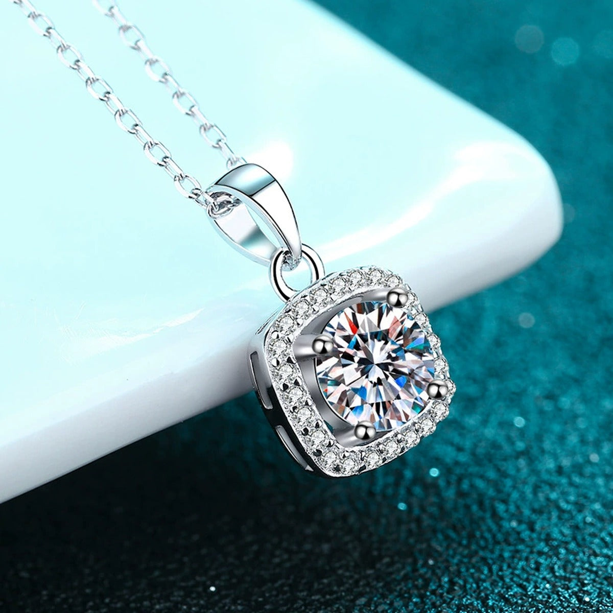 Sugar Cube Moissanite Pendant Necklace with CZ in Rhodium-Plated S925 sterling silver product scene view showing chain and setting detail