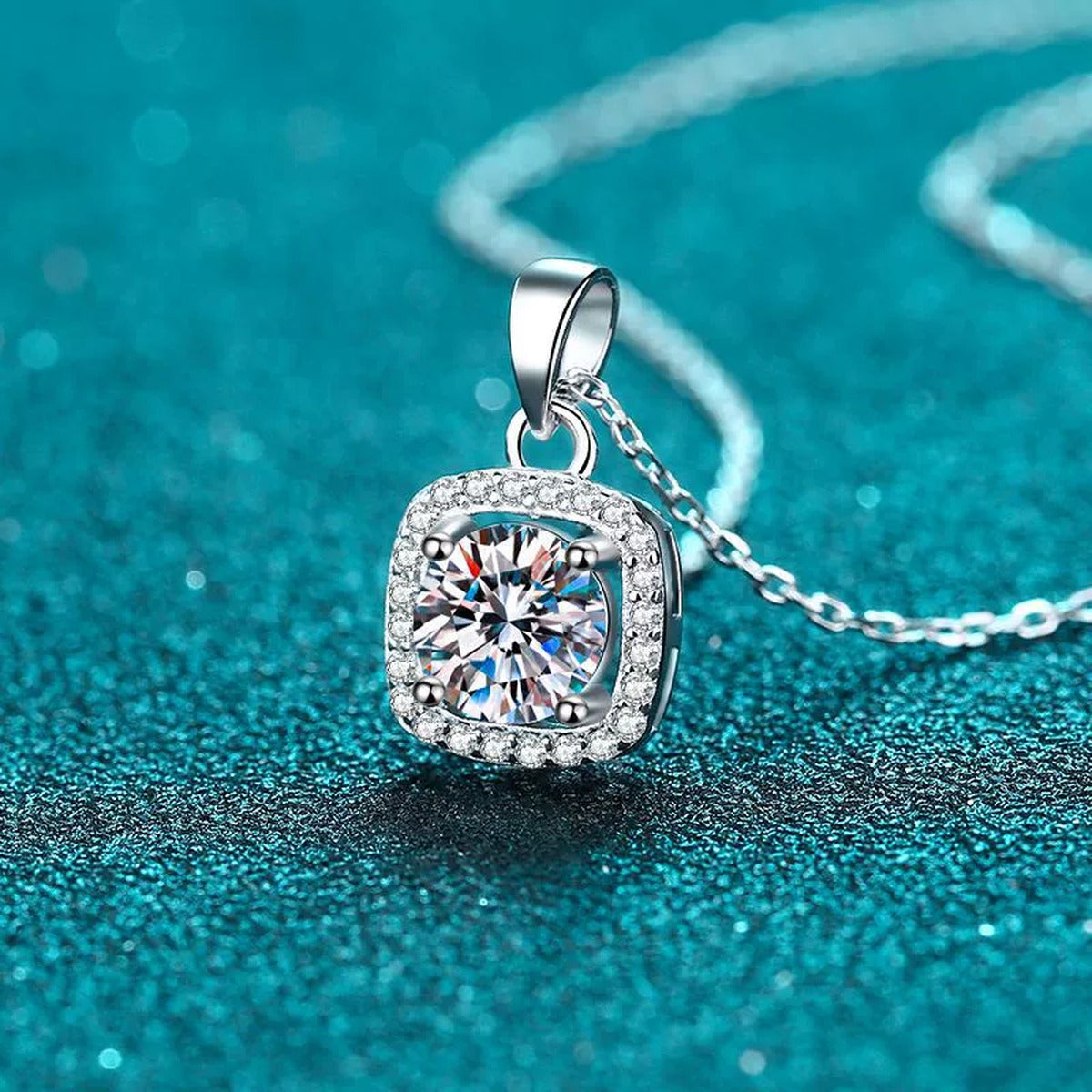 Sugar Cube Moissanite Pendant Necklace with CZ in Rhodium-Plated S925 sterling silver product scene view showing angled sparkle