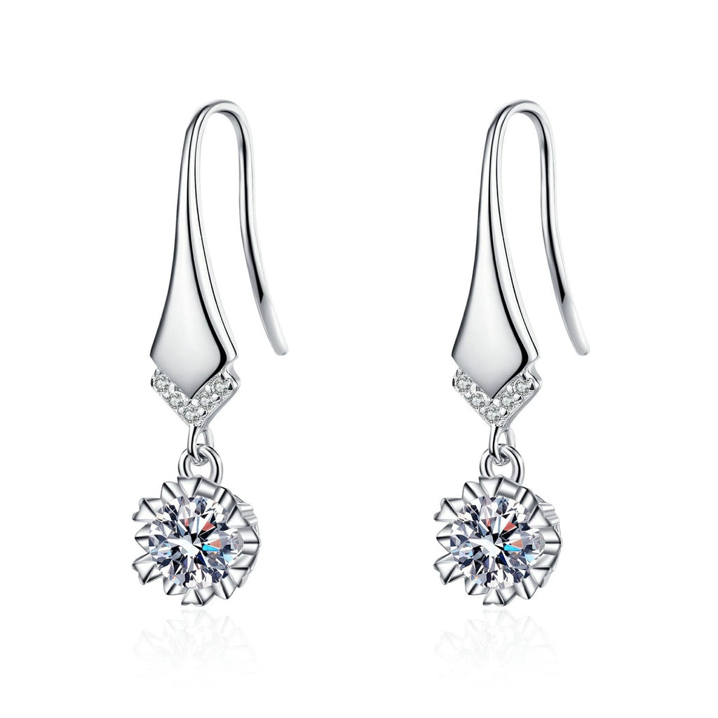 Round Moissanite Hook Drop Earrings with CZ in Rhodium-Plated S925 sterling silver white background product photo showing the pair, stone shape, and hook drop earrings silhouette