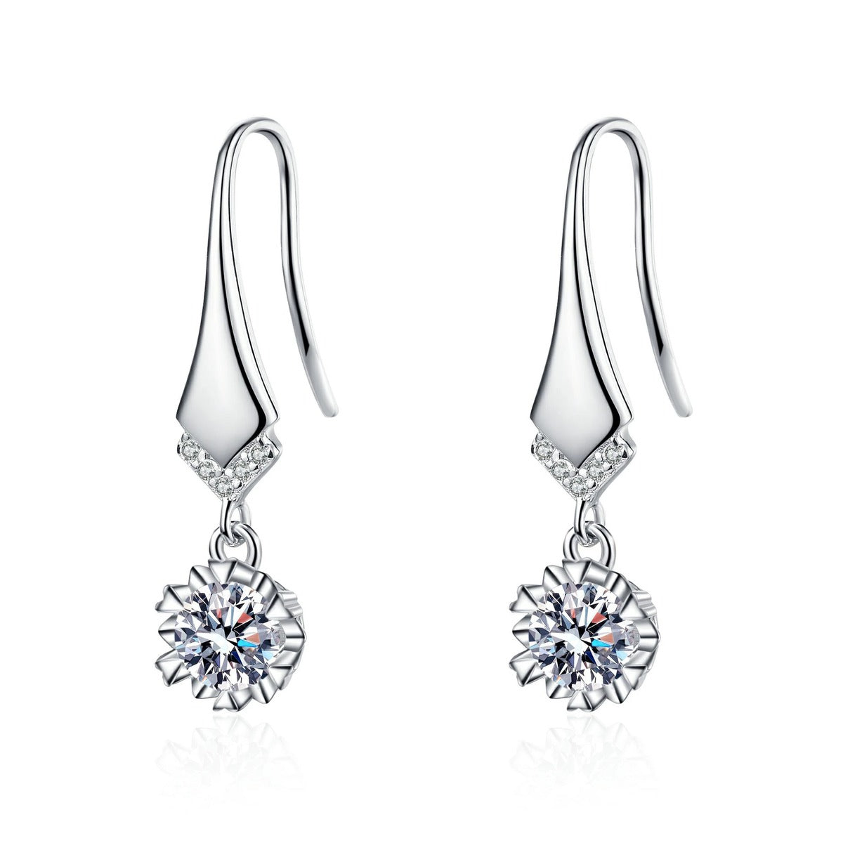 Round Moissanite Hook Drop Earrings with CZ in Rhodium-Plated S925 sterling silver white background product photo showing the pair, stone shape, and hook drop earrings silhouette