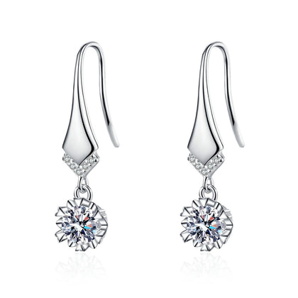 Round Moissanite Hook Drop Earrings with CZ in Rhodium-Plated S925 sterling silver white background product photo showing the pair, stone shape, and hook drop earrings silhouette