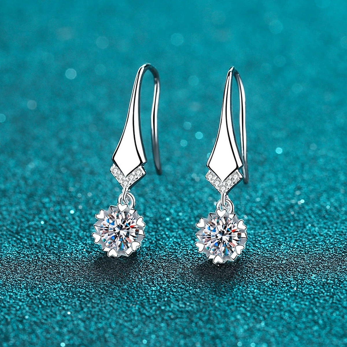 Round Moissanite Hook Drop Earrings with CZ in Rhodium-Plated S925 sterling silver product scene view showing front sparkle