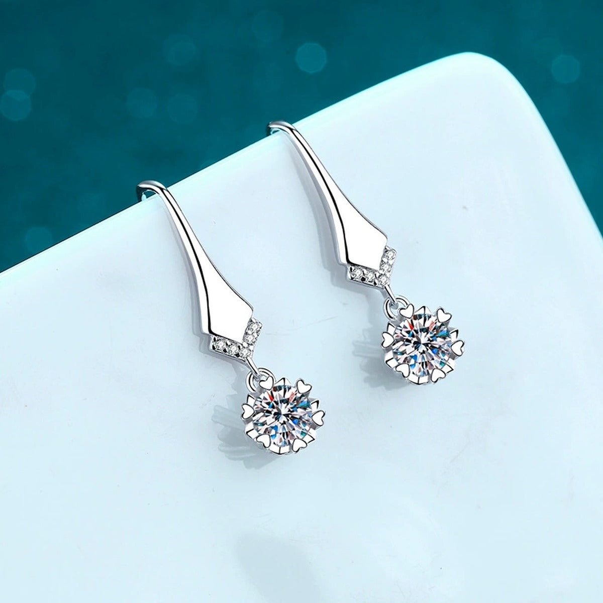 Round Moissanite Hook Drop Earrings with CZ in Rhodium-Plated S925 sterling silver product scene view showing angled setting detail