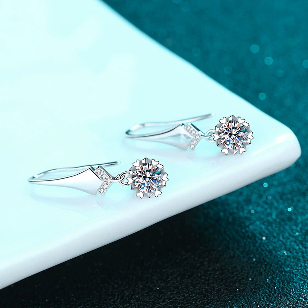 Round Moissanite Hook Drop Earrings with CZ in Rhodium-Plated S925 sterling silver product scene view showing side profile