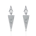 Triangle Moissanite Stud Dangle Earrings in Rhodium-Plated S925 sterling silver white background product photo showing the pair, stone shape, and stud dangle earrings silhouette