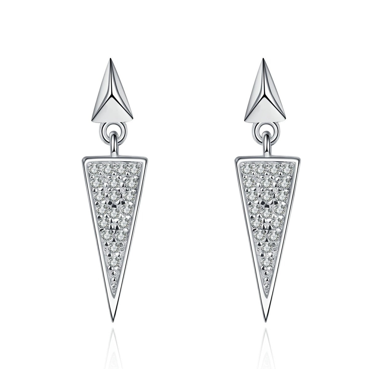 Triangle Moissanite Stud Dangle Earrings in Rhodium-Plated S925 sterling silver white background product photo showing the pair, stone shape, and stud dangle earrings silhouette
