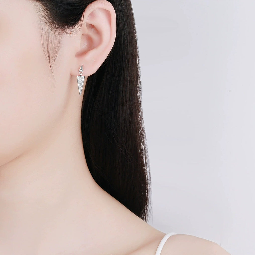 Triangle Moissanite Stud Dangle Earrings in Rhodium-Plated S925 sterling silver worn on ear by model showing scale, placement, and stud dangle earrings styling