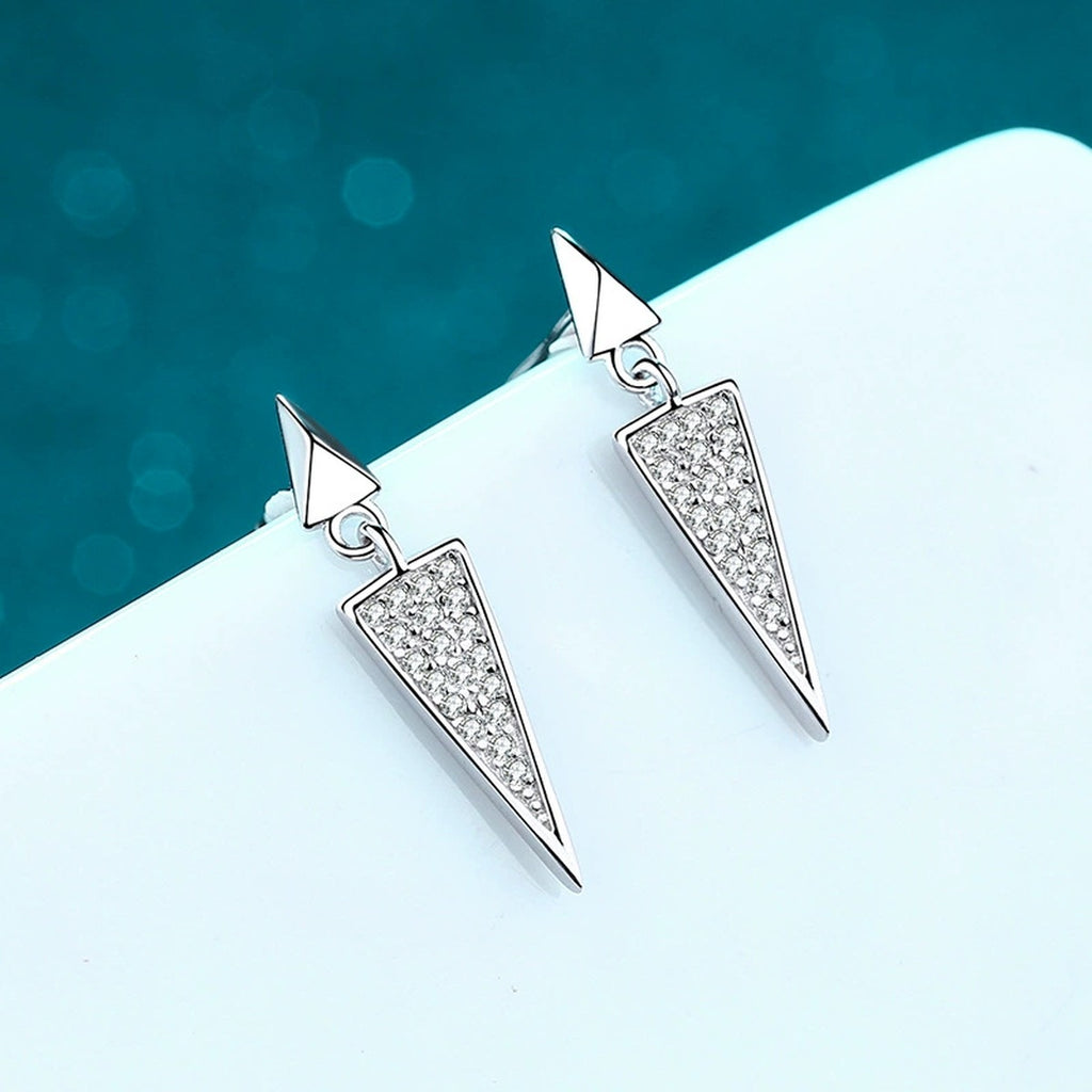 Triangle Moissanite Stud Dangle Earrings in Rhodium-Plated S925 sterling silver product scene view showing front sparkle