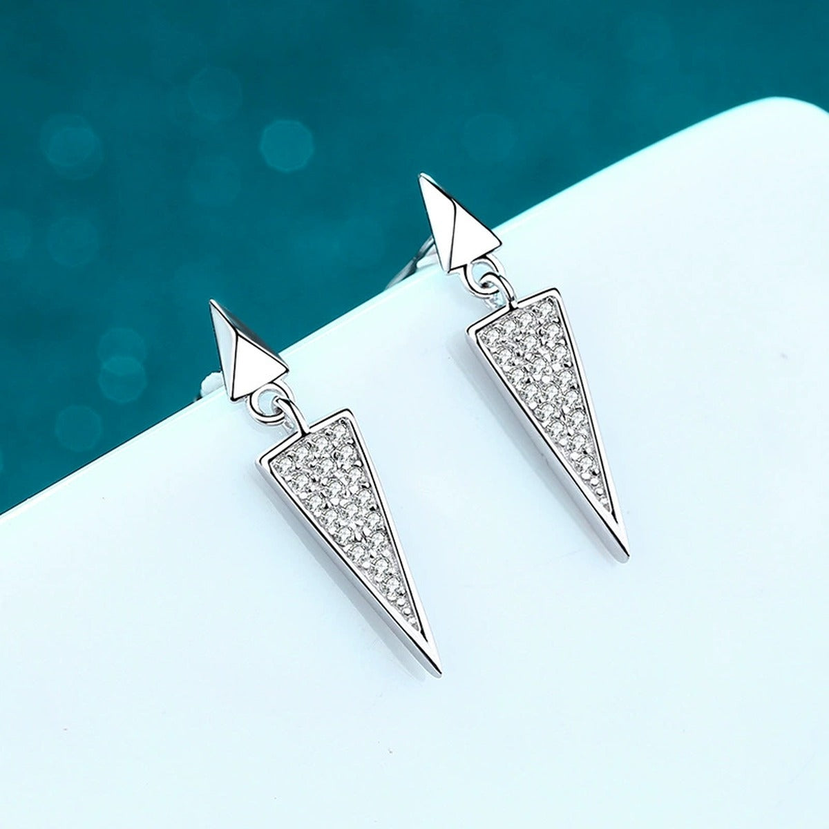 Triangle Moissanite Stud Dangle Earrings in Rhodium-Plated S925 sterling silver product scene view showing front sparkle