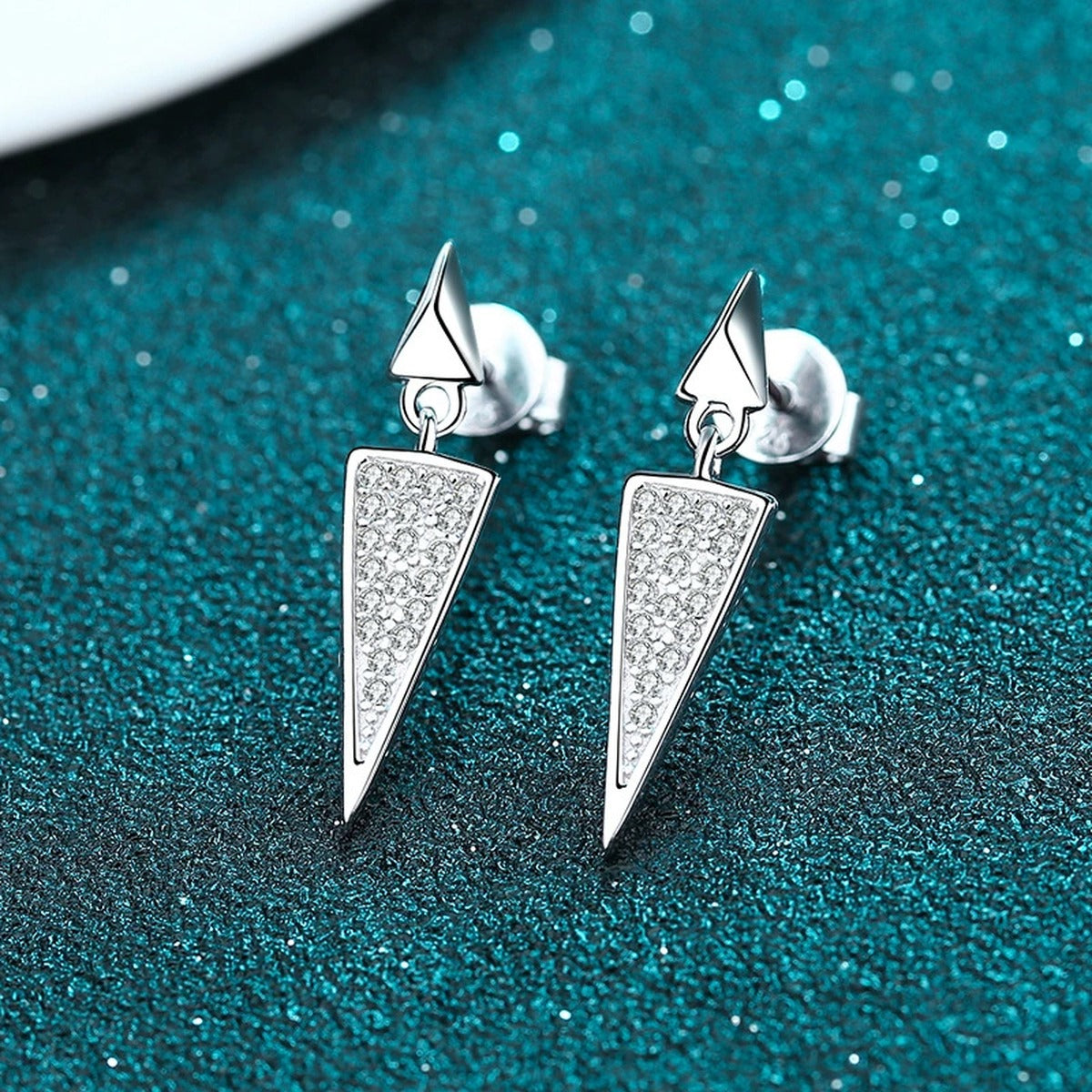 Triangle Moissanite Stud Dangle Earrings in Rhodium-Plated S925 sterling silver product scene view showing angled setting detail