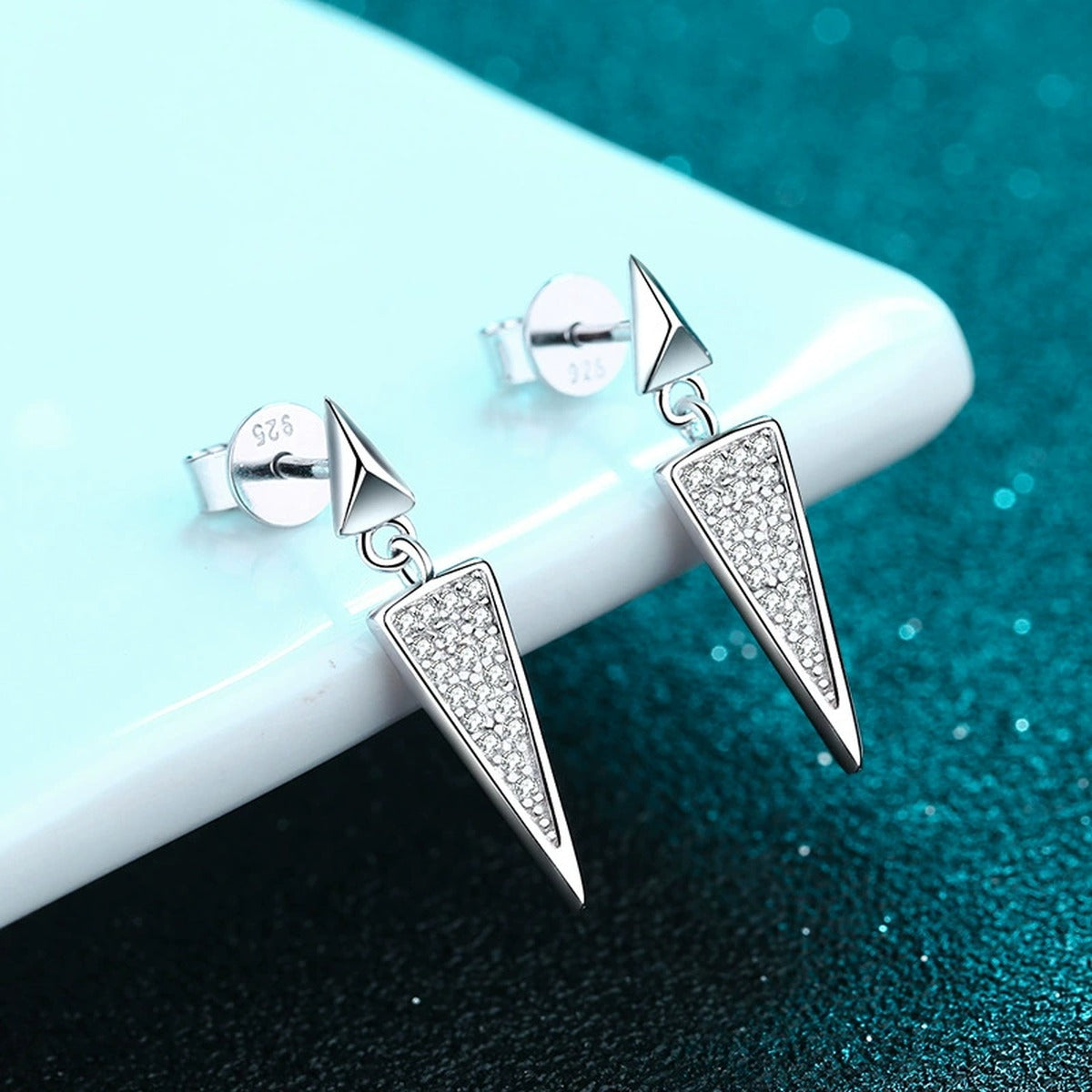 Triangle Moissanite Stud Dangle Earrings in Rhodium-Plated S925 sterling silver product scene view showing side profile