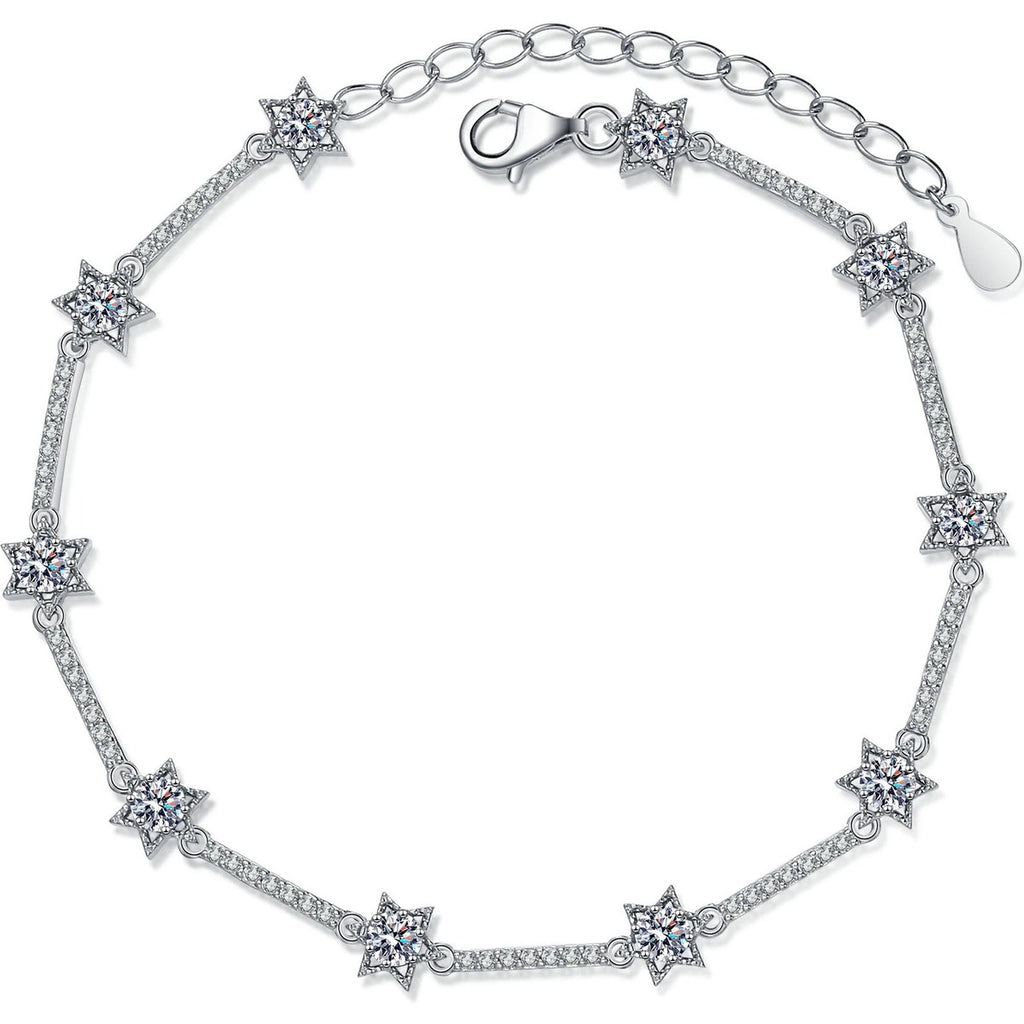 Star Moissanite Adjustable Bracelet with CZ in Rhodium-Plated S925 sterling silver white background product photo showing bracelet shape and moissanite setting