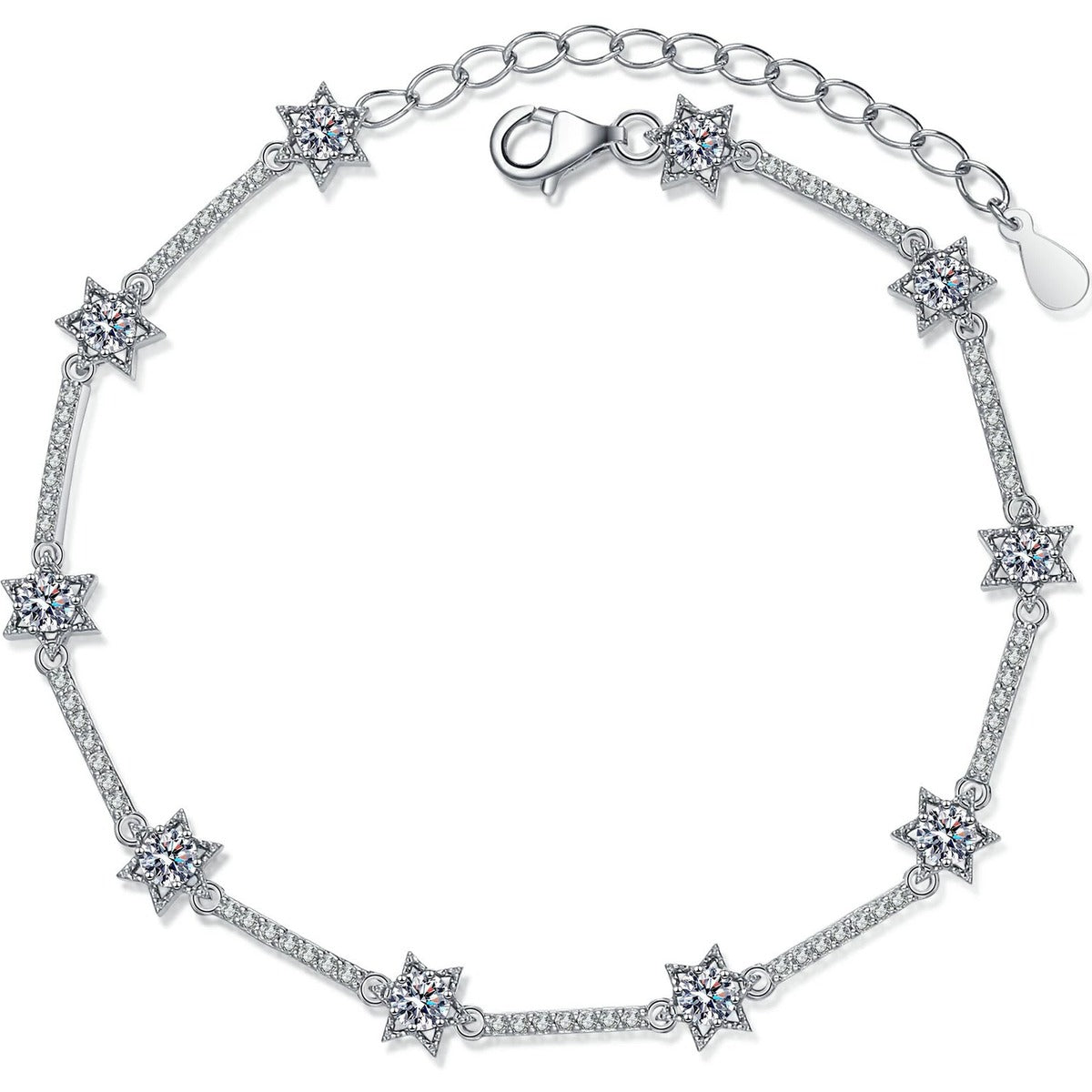 Star Moissanite Adjustable Bracelet with CZ in Rhodium-Plated S925 sterling silver white background product photo showing bracelet shape and moissanite setting