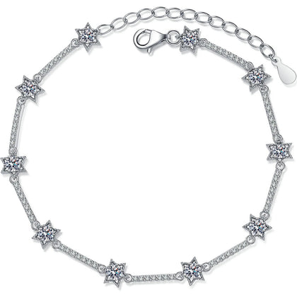 Star Moissanite Adjustable Bracelet with CZ in Rhodium-Plated S925 sterling silver white background product photo showing bracelet shape and moissanite setting