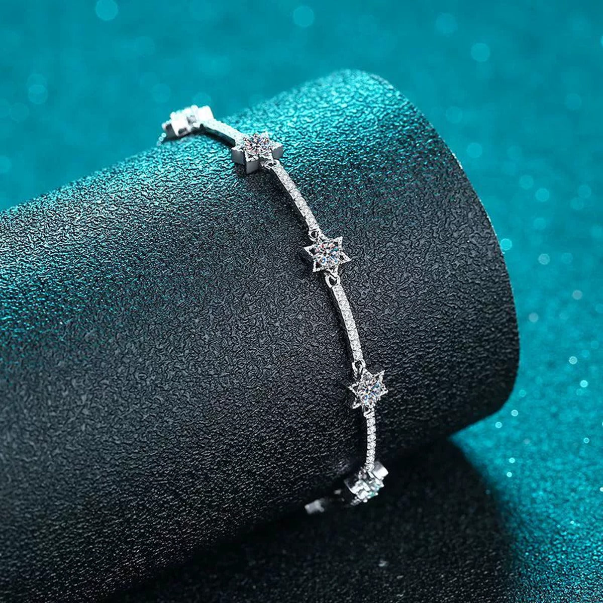 Star Moissanite Adjustable Bracelet with CZ in Rhodium-Plated S925 sterling silver angled product display showing bracelet silhouette