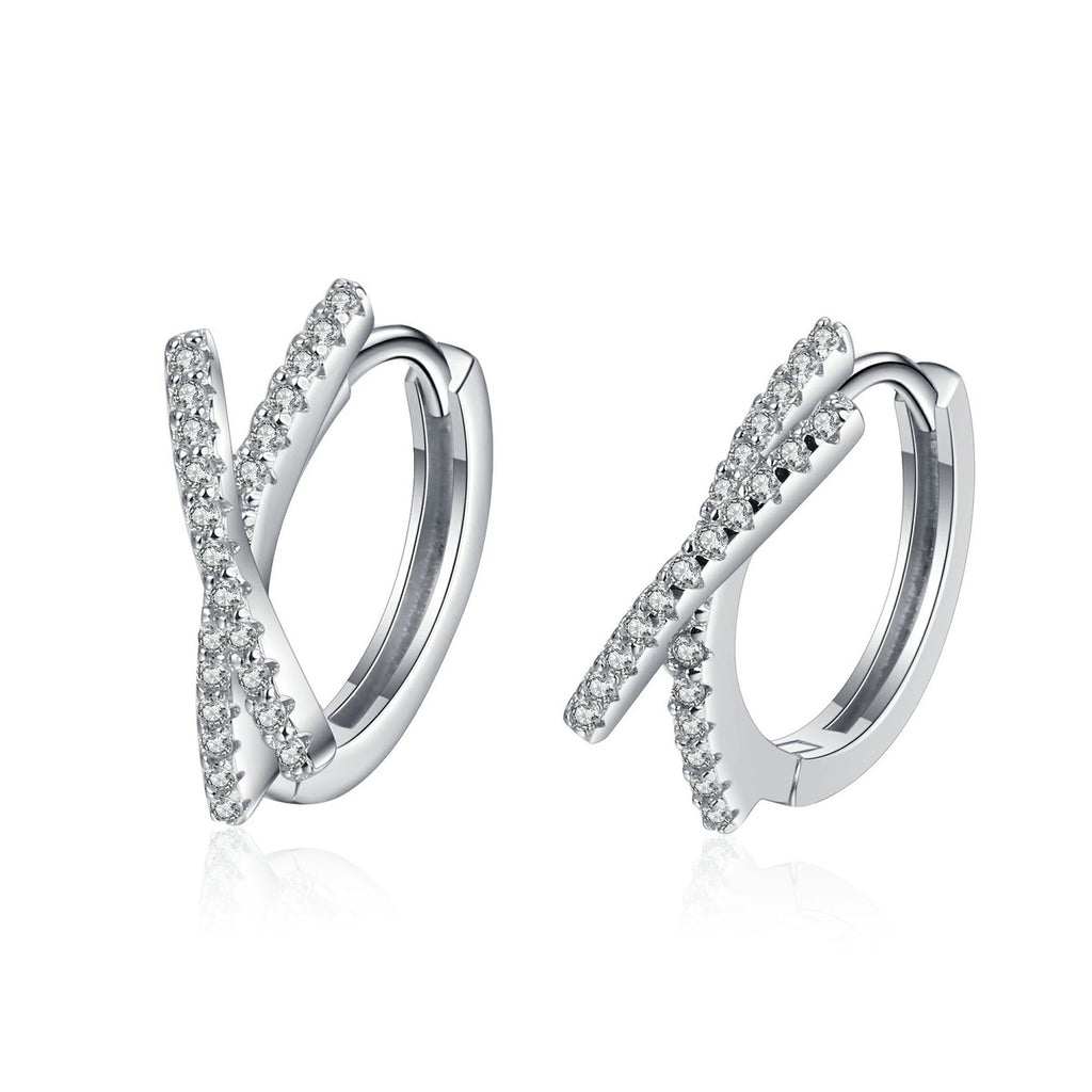 Twist Moissanite Huggie Hoop Earrings in Rhodium-Plated S925 sterling silver white background product photo showing the pair, stone shape, and huggie hoop earrings silhouette