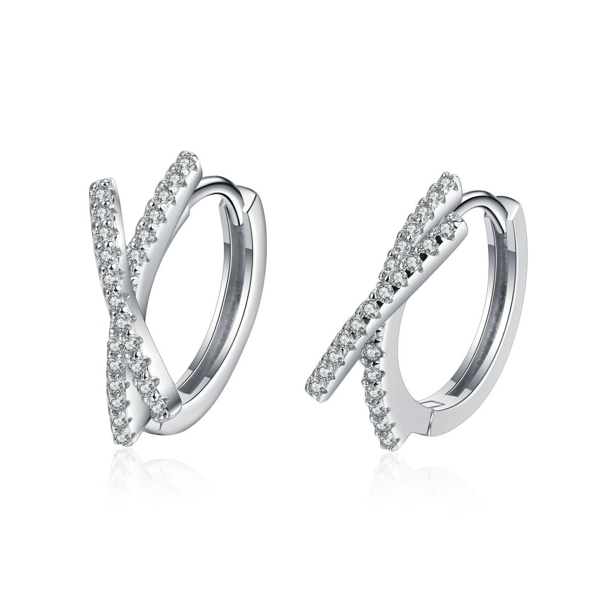 Twist Moissanite Huggie Hoop Earrings in Rhodium-Plated S925 sterling silver white background product photo showing the pair, stone shape, and huggie hoop earrings silhouette