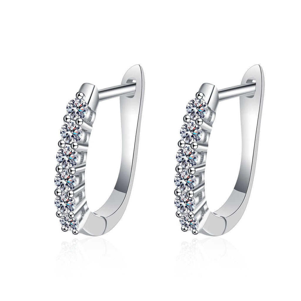 Pave Moissanite Huggie Hoop Earrings in Rhodium-Plated S925 sterling silver white background product photo showing the pair, stone shape, and huggie hoop earrings silhouette