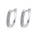 Pave Moissanite Huggie Hoop Earrings in Rhodium-Plated S925 sterling silver white background product photo showing the pair, stone shape, and huggie hoop earrings silhouette