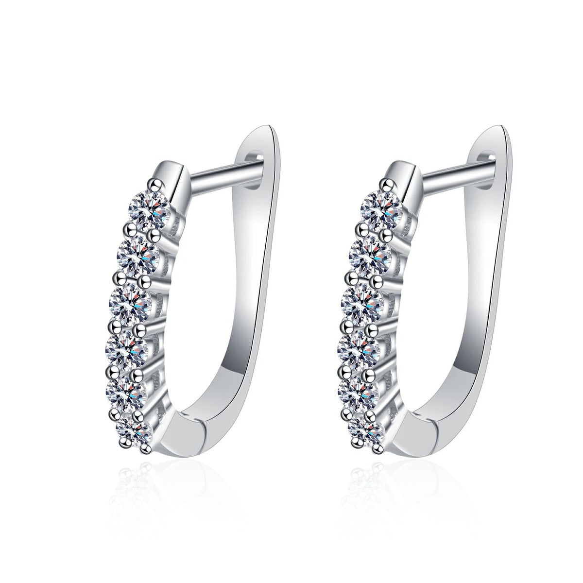 Pave Moissanite Huggie Hoop Earrings in Rhodium-Plated S925 sterling silver white background product photo showing the pair, stone shape, and huggie hoop earrings silhouette