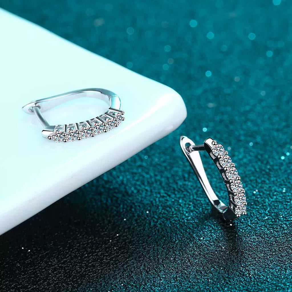 Pave Moissanite Huggie Hoop Earrings in Rhodium-Plated S925 sterling silver product scene view showing side profile