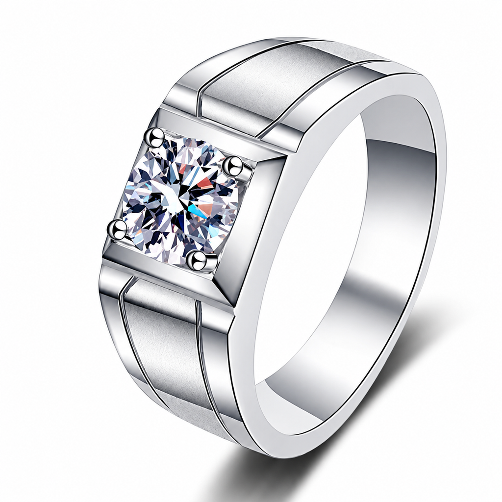 Men's Moissanite Band Ring in Rhodium-Plated S925 Sterling Silver clean white background product photo showing the ring silhouette and moissanite setting