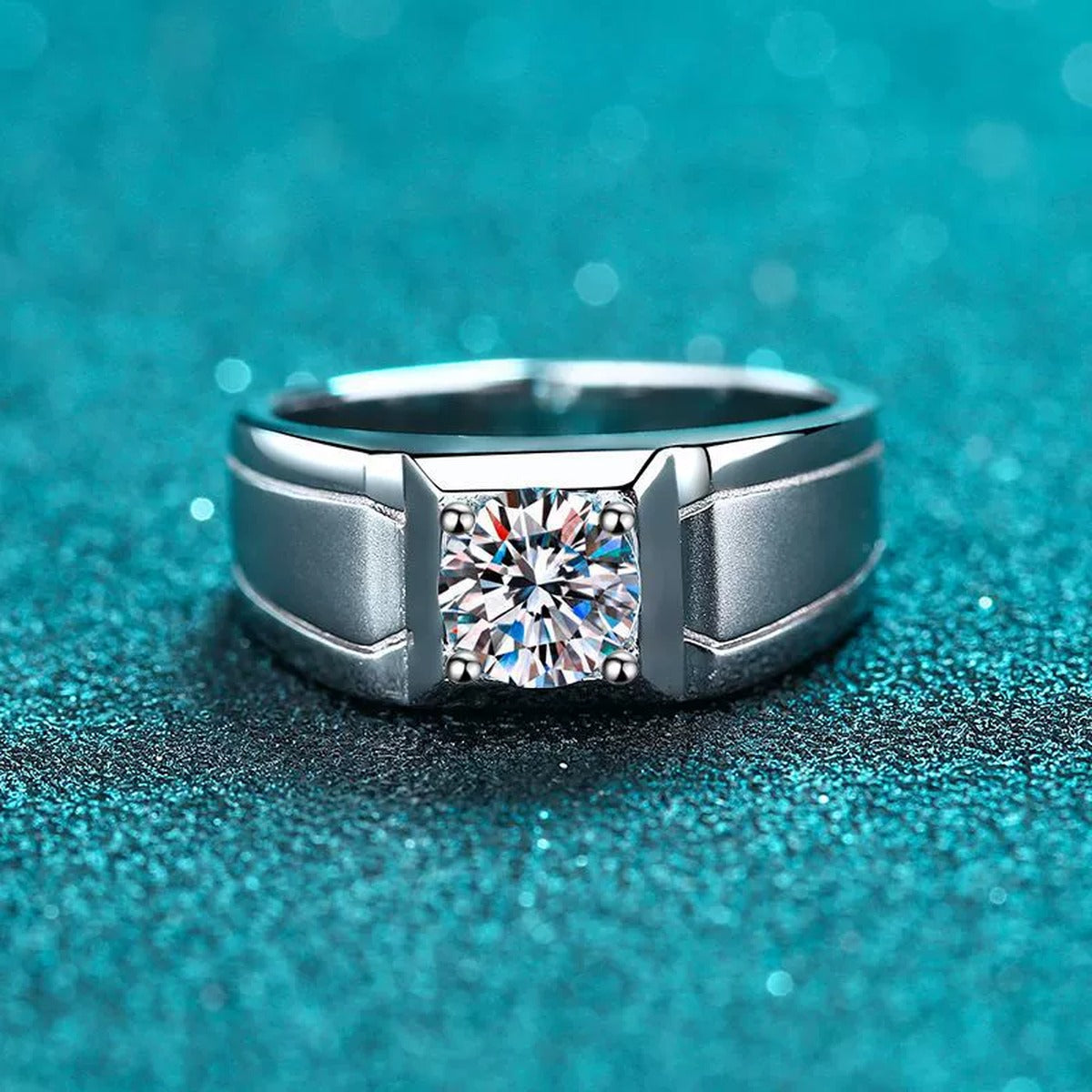 Men's Moissanite Band Ring in Rhodium-Plated S925 Sterling Silver blue display product photo showing the moissanite setting and band profile