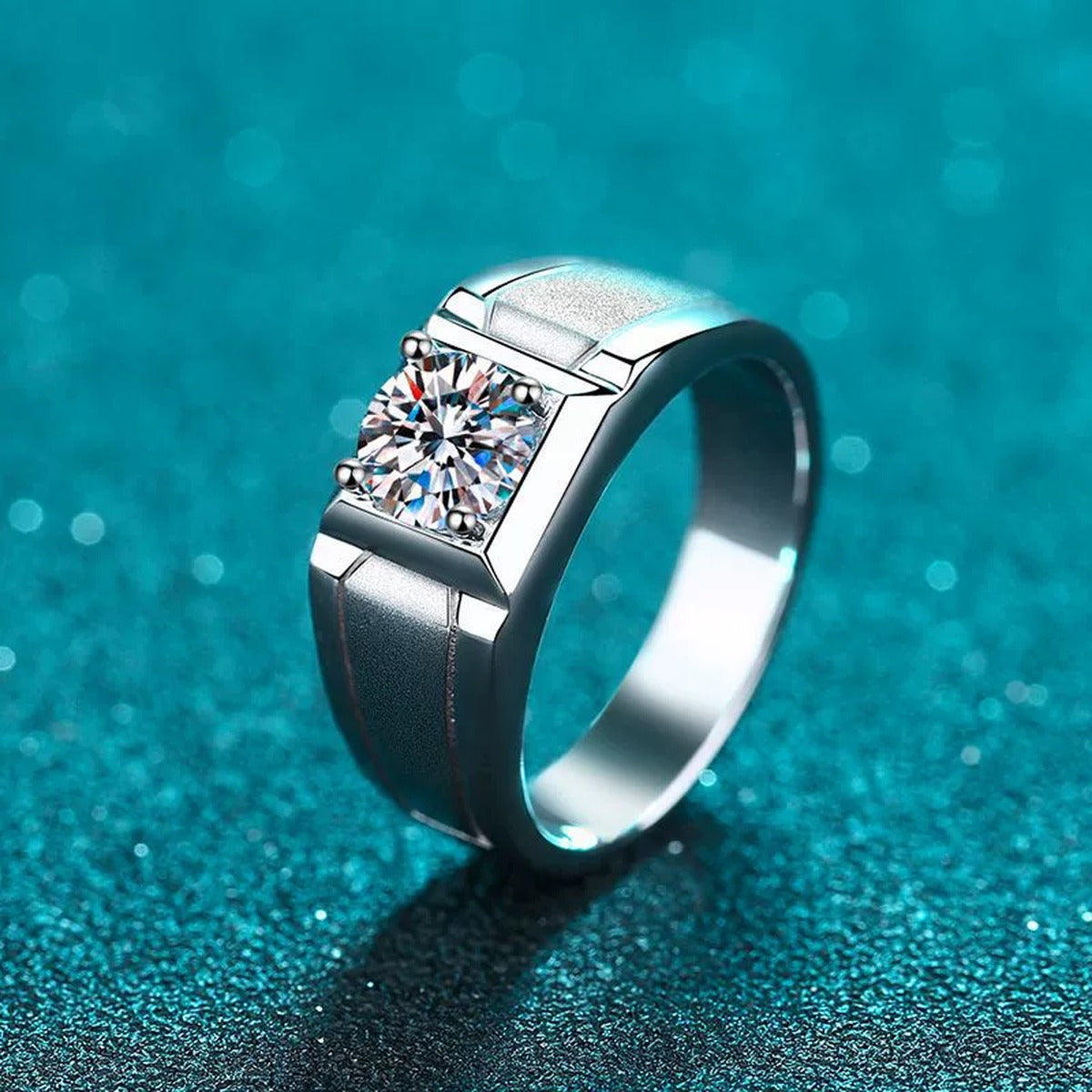 Men's Moissanite Band Ring in Rhodium-Plated S925 Sterling Silver blue display product photo showing the moissanite setting and band profile