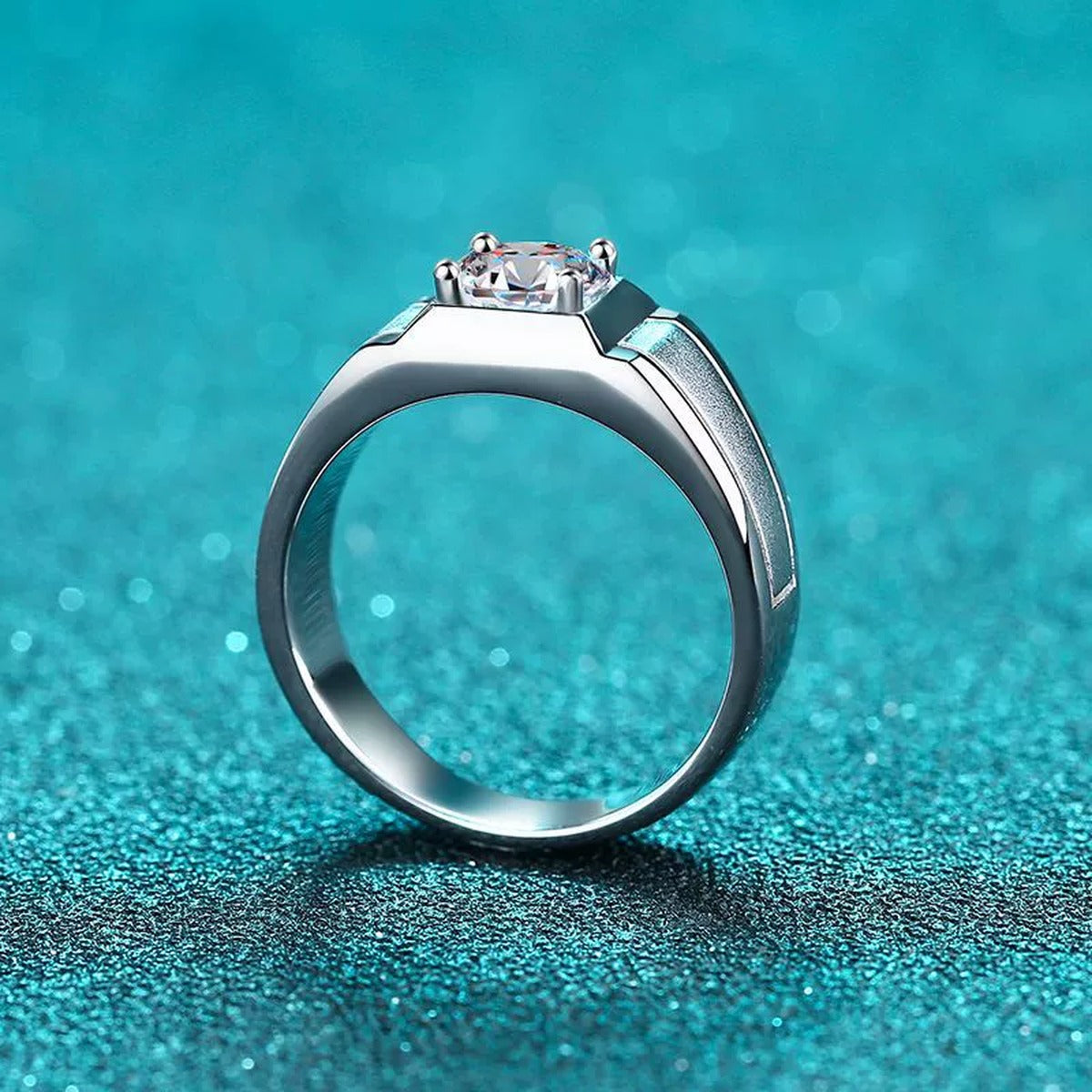 Men's Moissanite Band Ring in Rhodium-Plated S925 Sterling Silver blue display product photo showing the moissanite setting and band profile