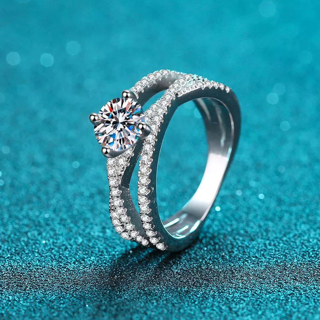 Round Moissanite Split Shank Ring with CZ product view showing moissanite setting and rhodium finish