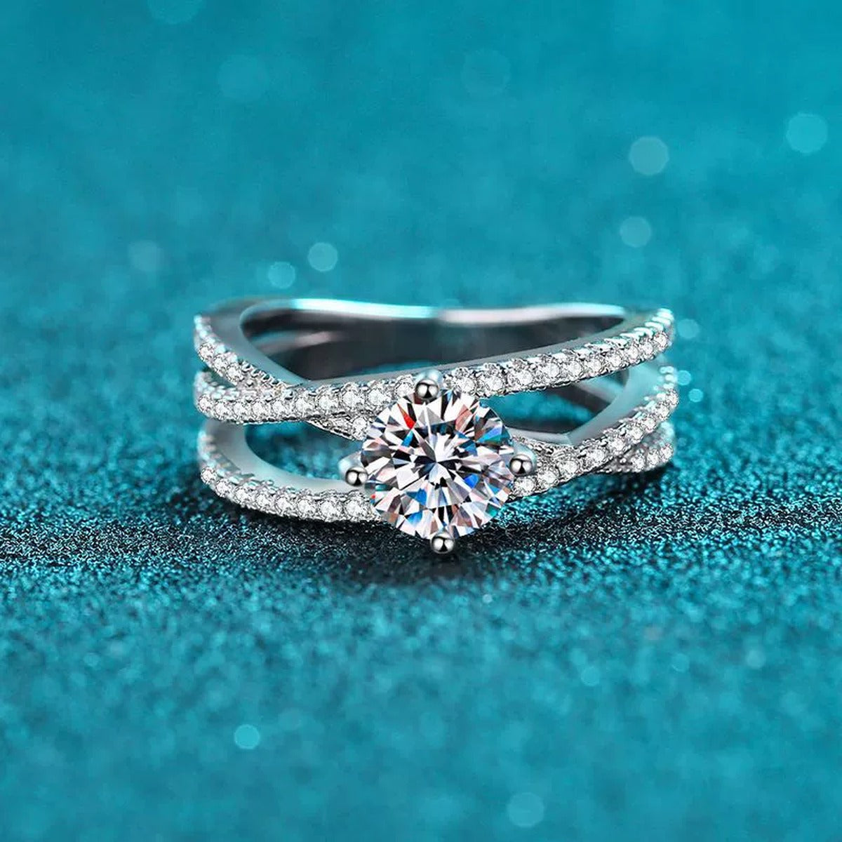 Round Moissanite Split Shank Ring with CZ product view showing moissanite setting and rhodium finish
