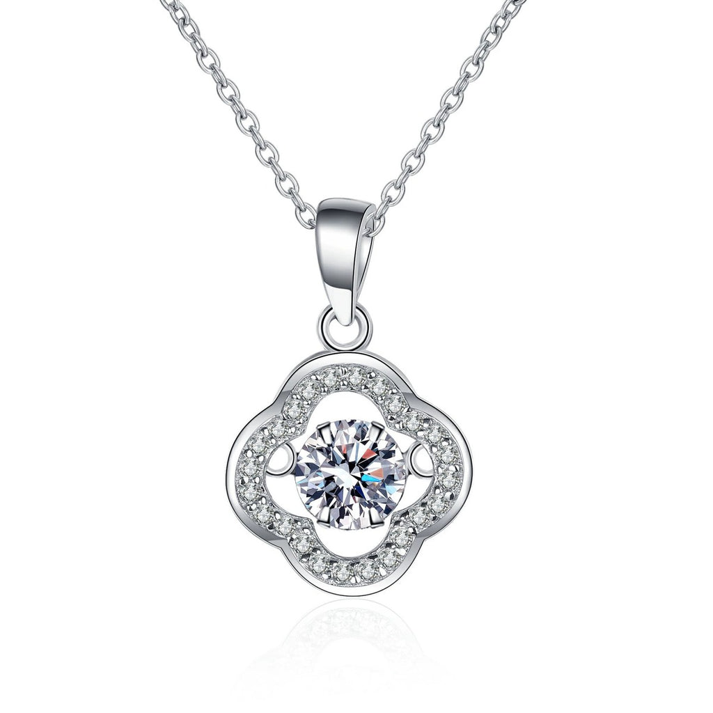 Clover Round Moissanite Necklace with CZ in Rhodium-Plated S925 sterling silver white background product photo showing clover halo pendant with a 5mm round moissanite center and CZ accents