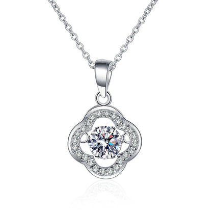 Clover Round Moissanite Necklace with CZ in Rhodium-Plated S925 sterling silver white background product photo showing clover halo pendant with a 5mm round moissanite center and CZ accents