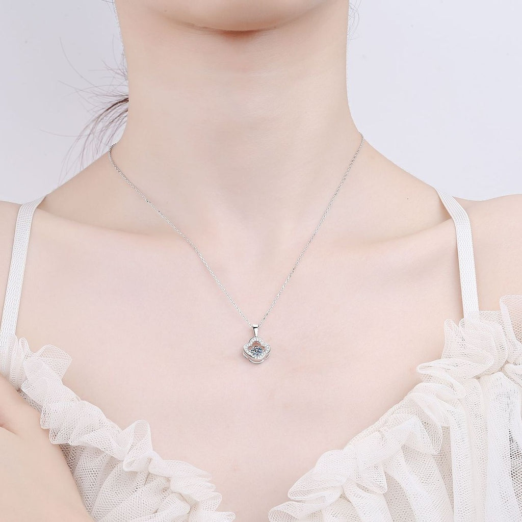 Clover Round Moissanite Necklace with CZ in Rhodium-Plated S925 sterling silver neckline model view showing pendant scale and adjustable chain