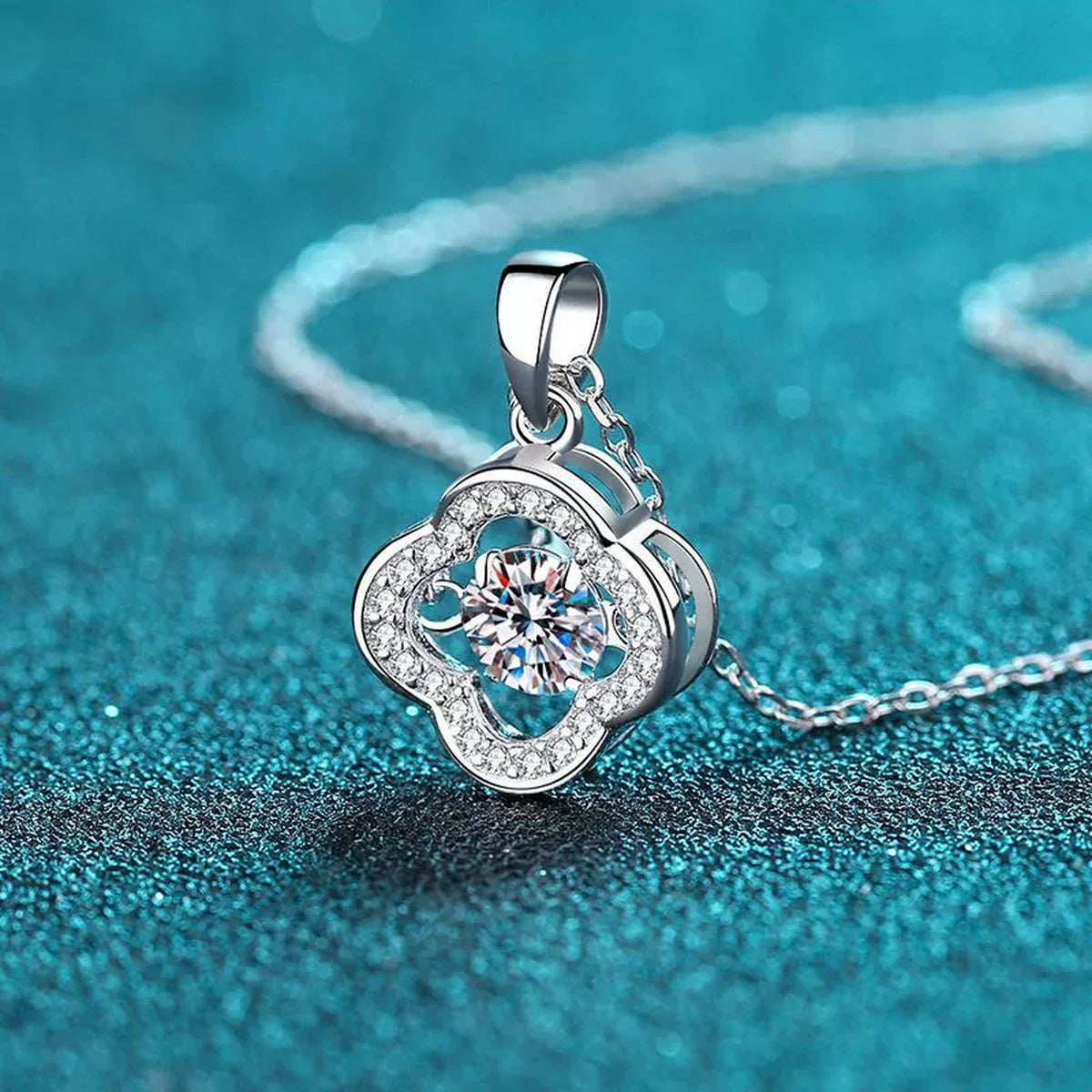 Clover Round Moissanite Necklace with CZ in Rhodium-Plated S925 sterling silver close-up product scene showing pendant setting