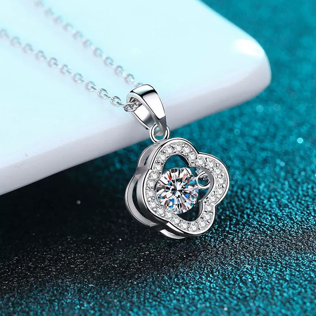 Clover Round Moissanite Necklace with CZ in Rhodium-Plated S925 sterling silver blue display scene showing chain and stone layout