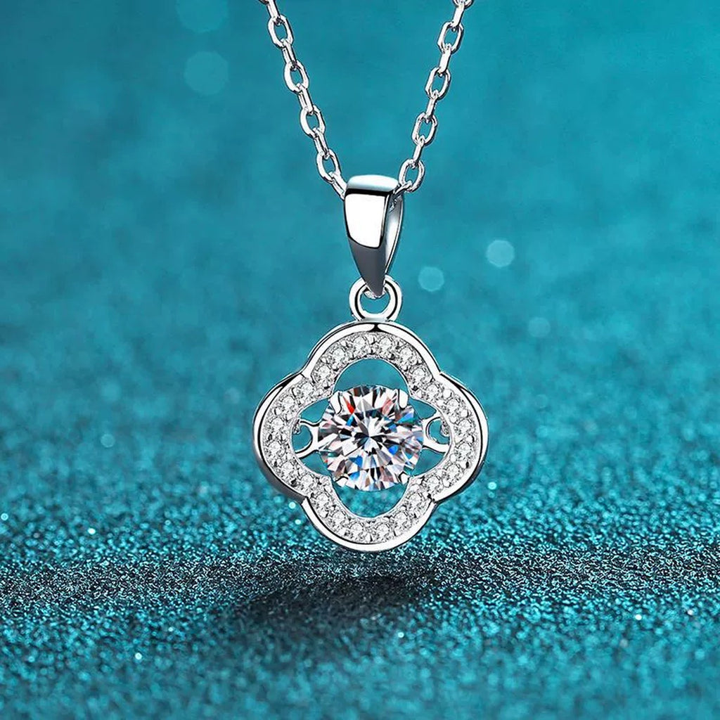 Clover Round Moissanite Necklace with CZ in Rhodium-Plated S925 sterling silver angled product detail view