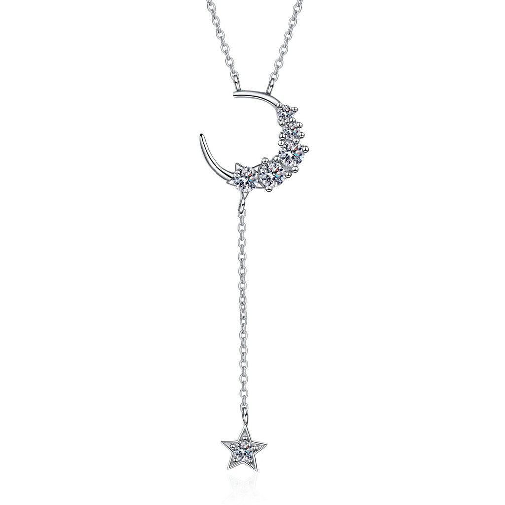 Moon and Star Moissanite Pendant Necklace in Rhodium-Plated S925 sterling silver on white background showing pendant shape and round moissanite