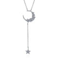 Moon and Star Moissanite Pendant Necklace in Rhodium-Plated S925 sterling silver on white background showing pendant shape and round moissanite