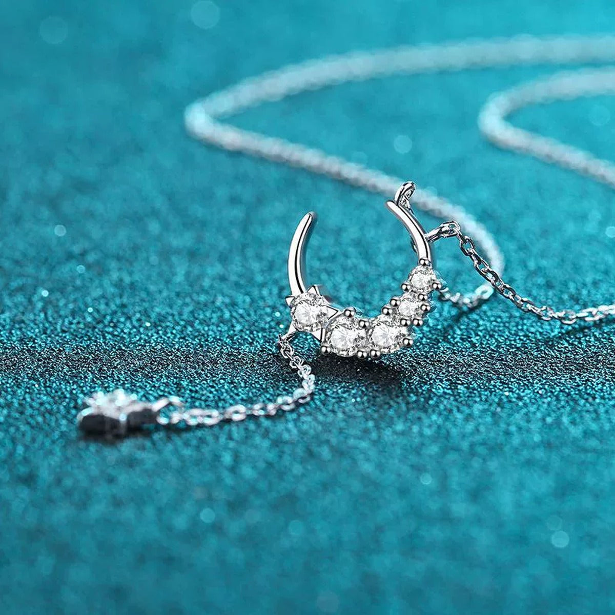 Moon and Star Moissanite Pendant Necklace in Rhodium-Plated S925 sterling silver product scene view showing pendant detail